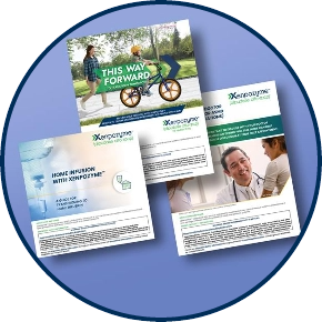 Circle featuring thumbnails of three XENPOZYME® (olipudase alfa-rpcp) patient resources